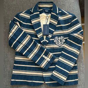 Ralph Lauren Navy and Cream Striped Blazer with Embroidered Crest